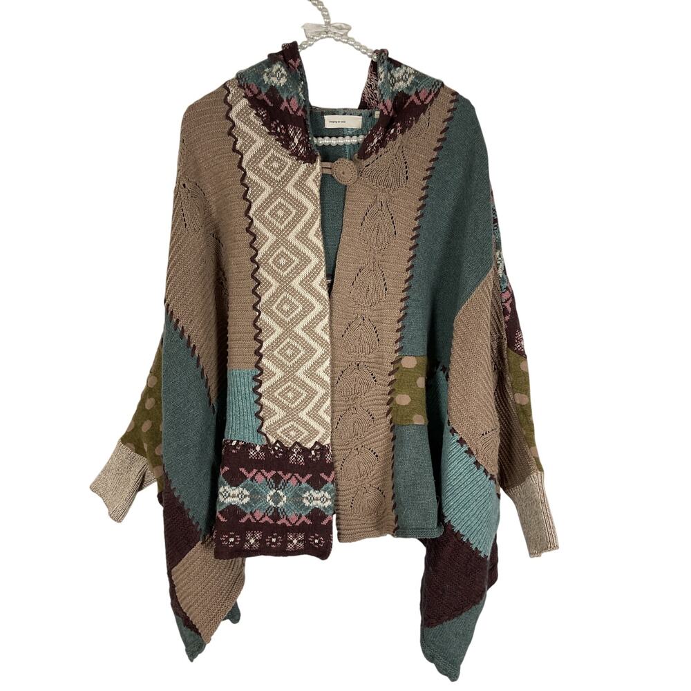 Anthropologie Sleeping on‎ Snow Patchwork Hooded Cape Box Fit Oversized Sweater